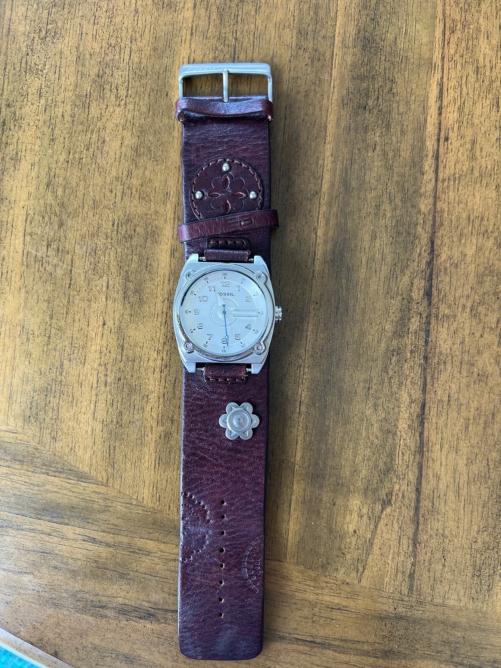 Fossil Silver Dial Watch with Brown Embossed Leather Strap/ Vintage
